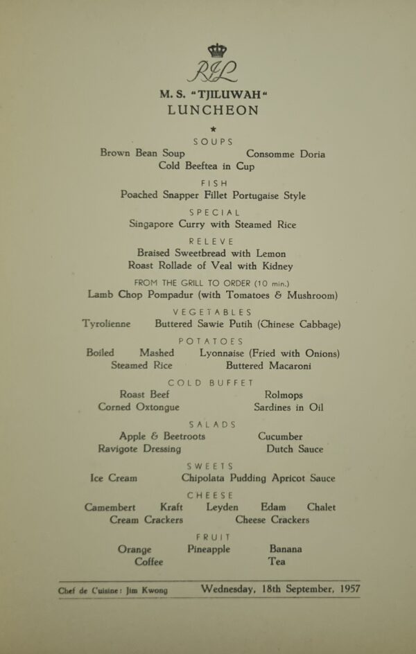 Menu - Royal Interocean Lines - MS Tjiluwah - Kangaroo - 22 Sept 1957 - Image 2