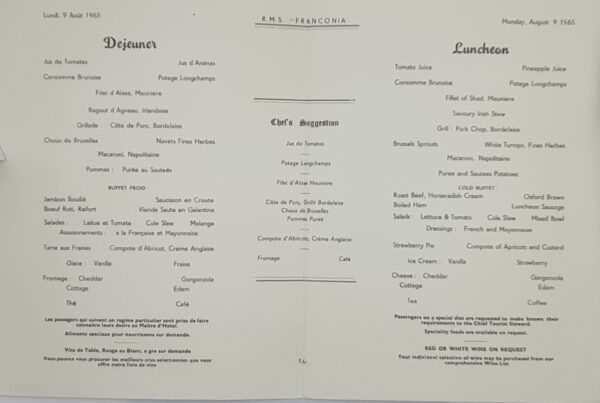 Menu - Cunard - Circus - RMS Franconia - Lunch - 9 Aug 1965 - Image 2