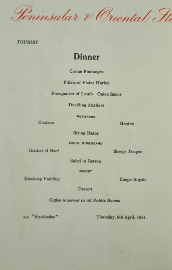 Menu - SS Stratheden - Dinner - 6 April 1961 #M - Image 2