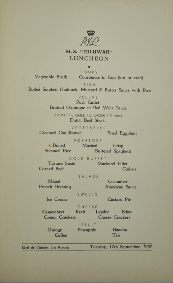 Menu - Royal Interocean Lines - MS Tjiluwah - Budha - 17 Sept 1957 - Image 2