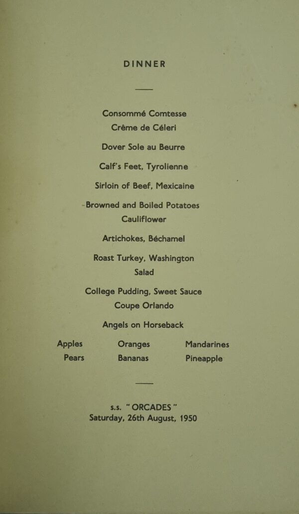 Menu - The White Horse Guards Whitehall - SS Orcades - 26 Aug 1950 - Image 2