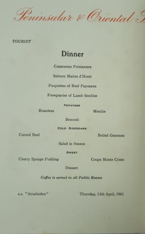 Menu - SS Stratheden - Dinner - 13 April 1961 #B - Image 2