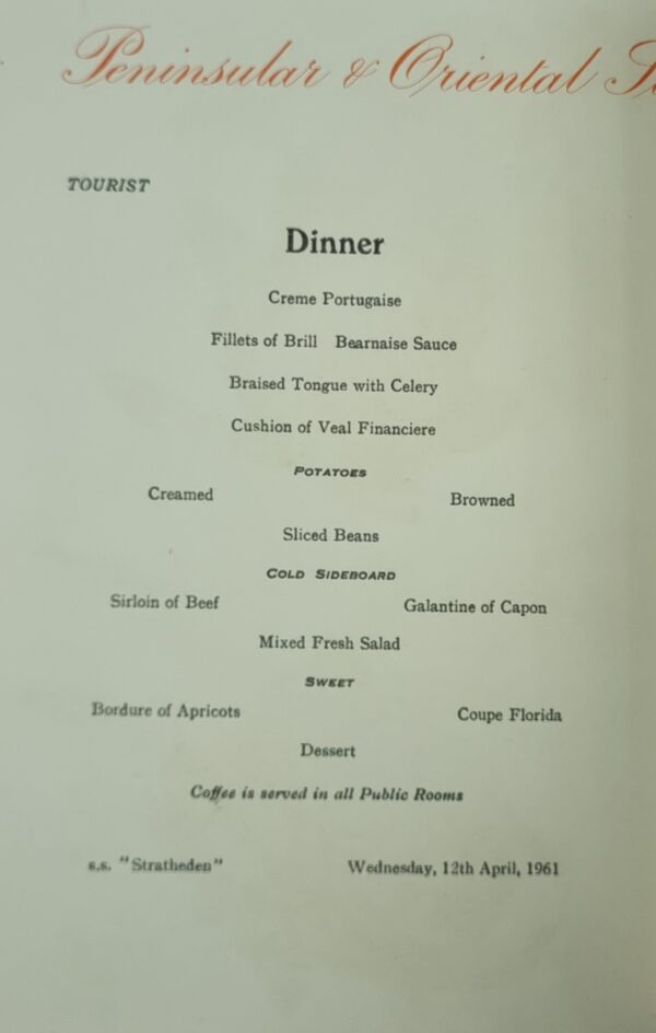 Menu - SS Stratheden - Dinner - 12 April 1961 #C - Image 2