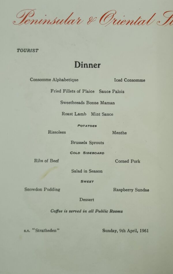 Menu - SS Stratheden - Dinner - 9 April 1961 #D - Image 2