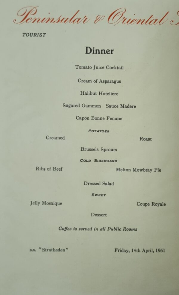 Menu - SS Stratheden - Dinner - 14 April 1961 #E - Image 2