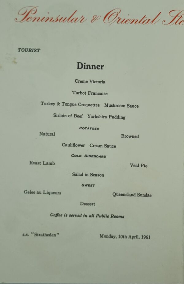 Menu - SS Stratheden - Dinner - 10 April 1961 #H - Image 2