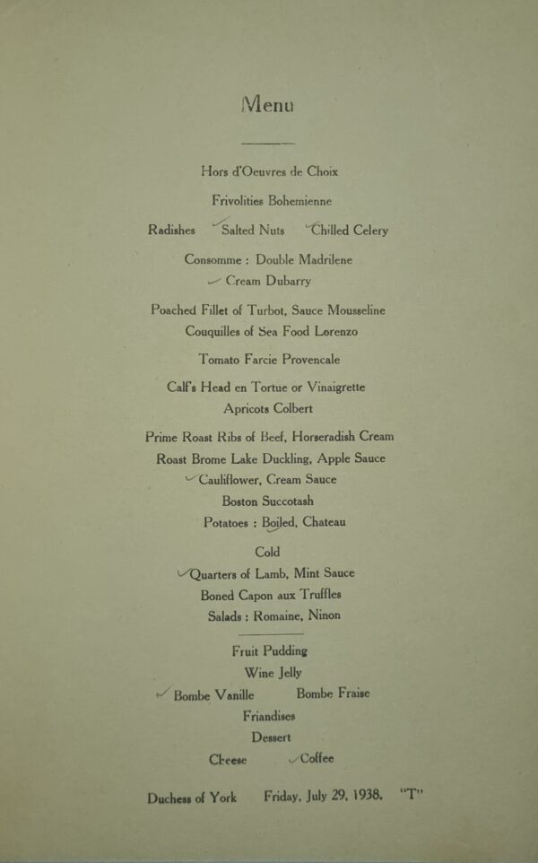 Menu - Canadian Pacific - Duchess of York - July 29 1938 - Image 2