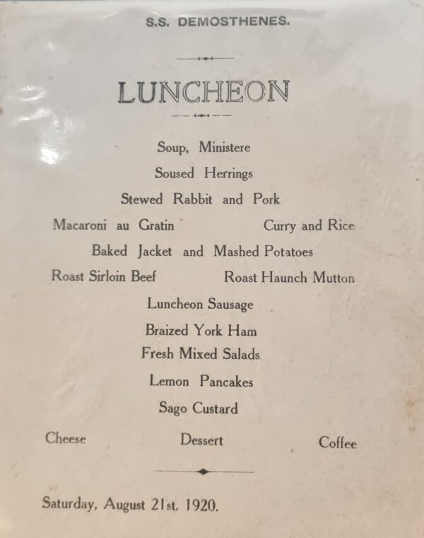 Menu - SS Demosthenes Luncheon - 21 Aug 1920